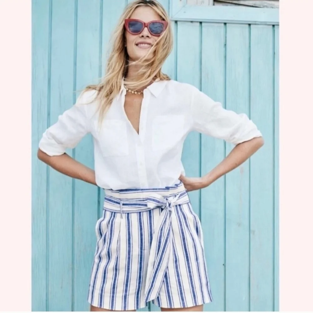 Boden St. Ives Paper Bag Blue & White Striped Linen Shorts - Picture 1 of 6